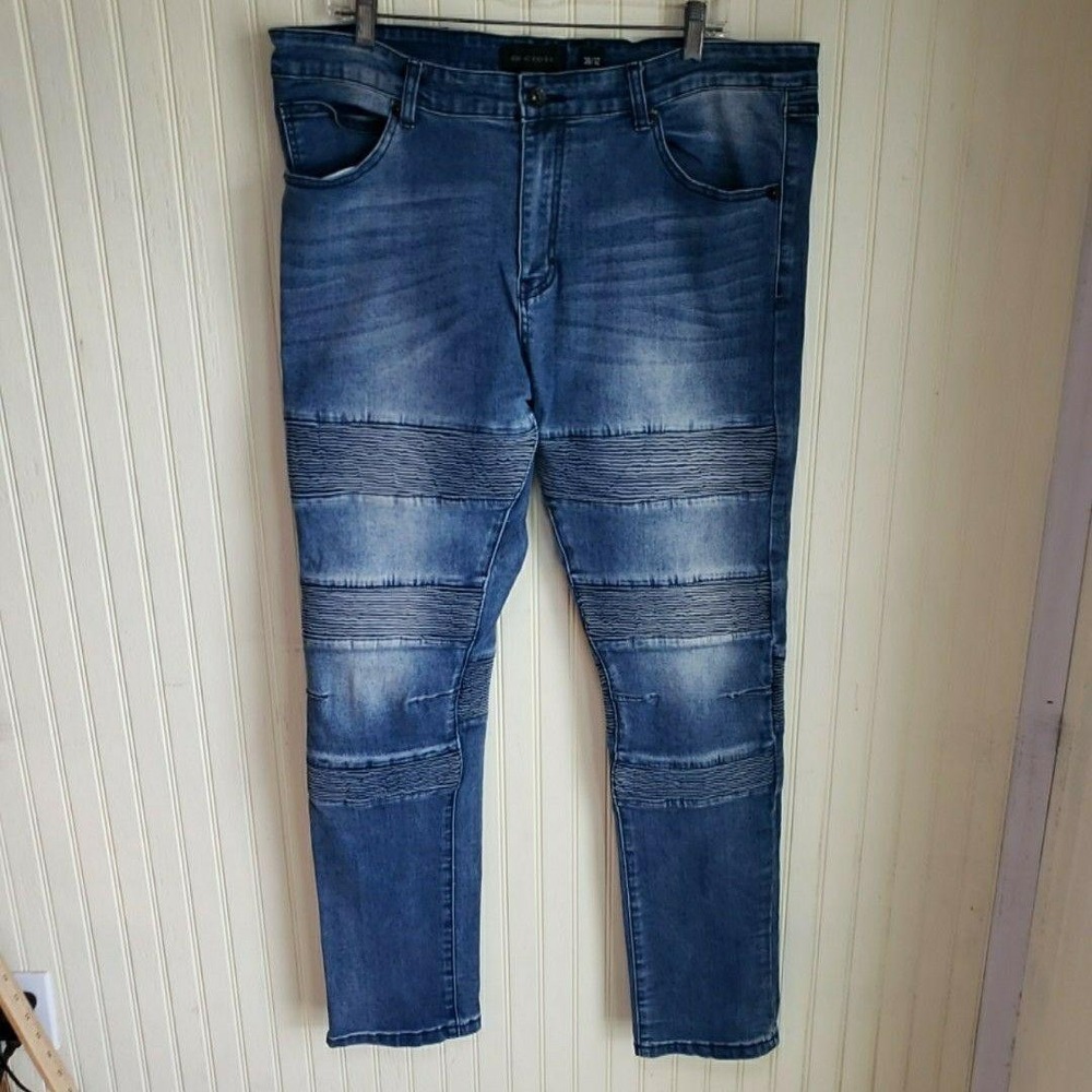 Decibel Jeans Mens 38x31 Blue Slim Fit Tapered Ribbed Moto Biker Denim Pants
